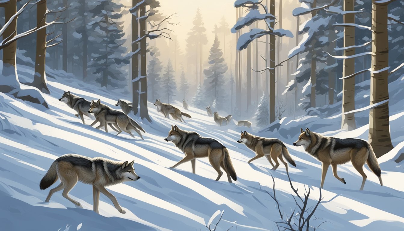 A pack of wolves prowling through a snowy forest, their sharp eyes fixed on a herd of deer grazing in the clearing