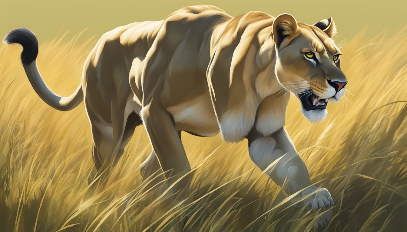 A lioness prowling through a grassy savannah, her powerful muscles rippling as she scans for prey, embodying the primal power of carnivory