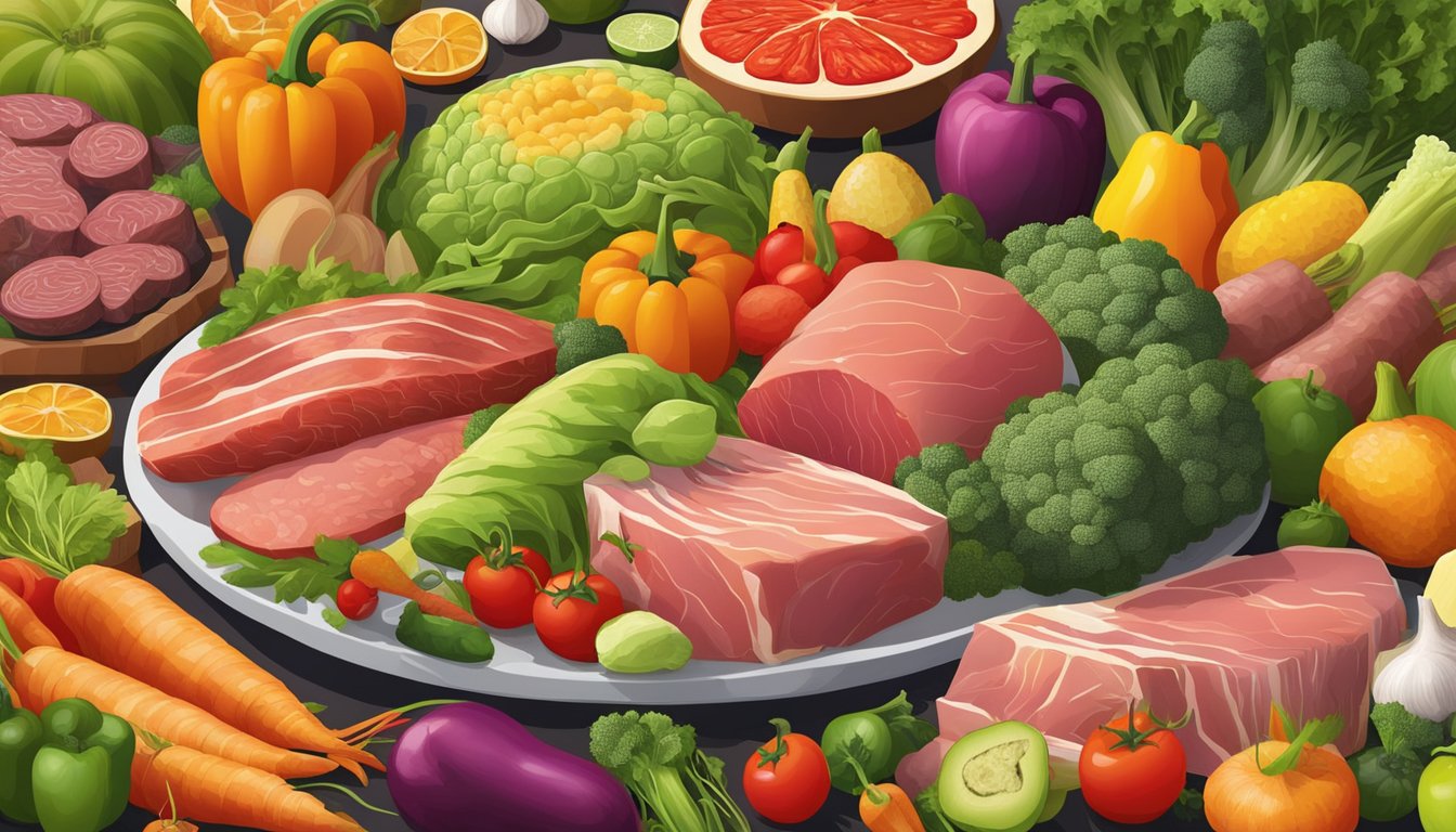 A variety of fresh, colorful vegetables and fruits arranged around a central display of raw meats and fish. A vibrant and healthy lifestyle is depicted through the abundance of nutrient-rich foods