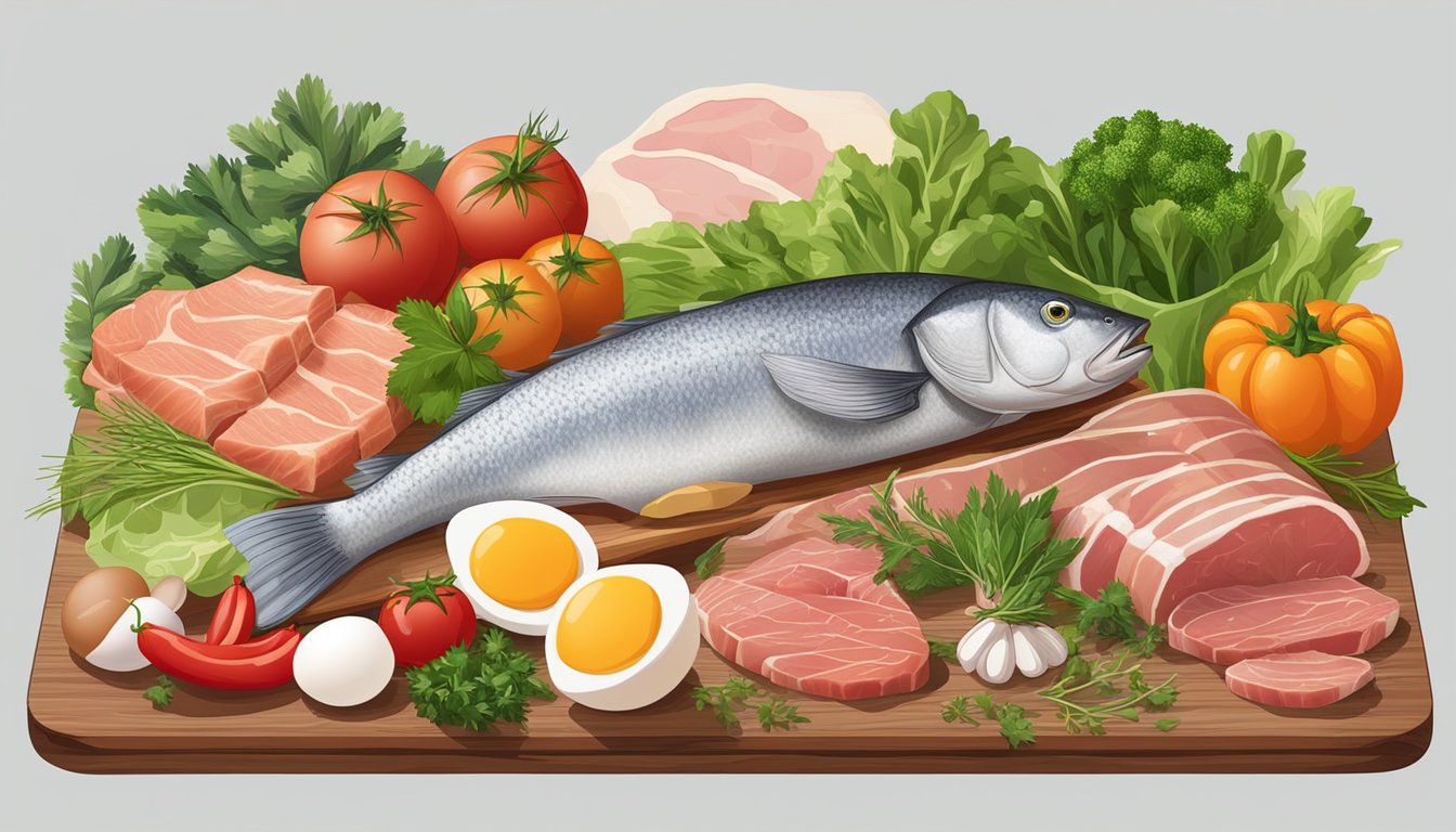 A variety of raw meats, fish, and eggs arranged on a wooden cutting board, surrounded by fresh vegetables and herbs