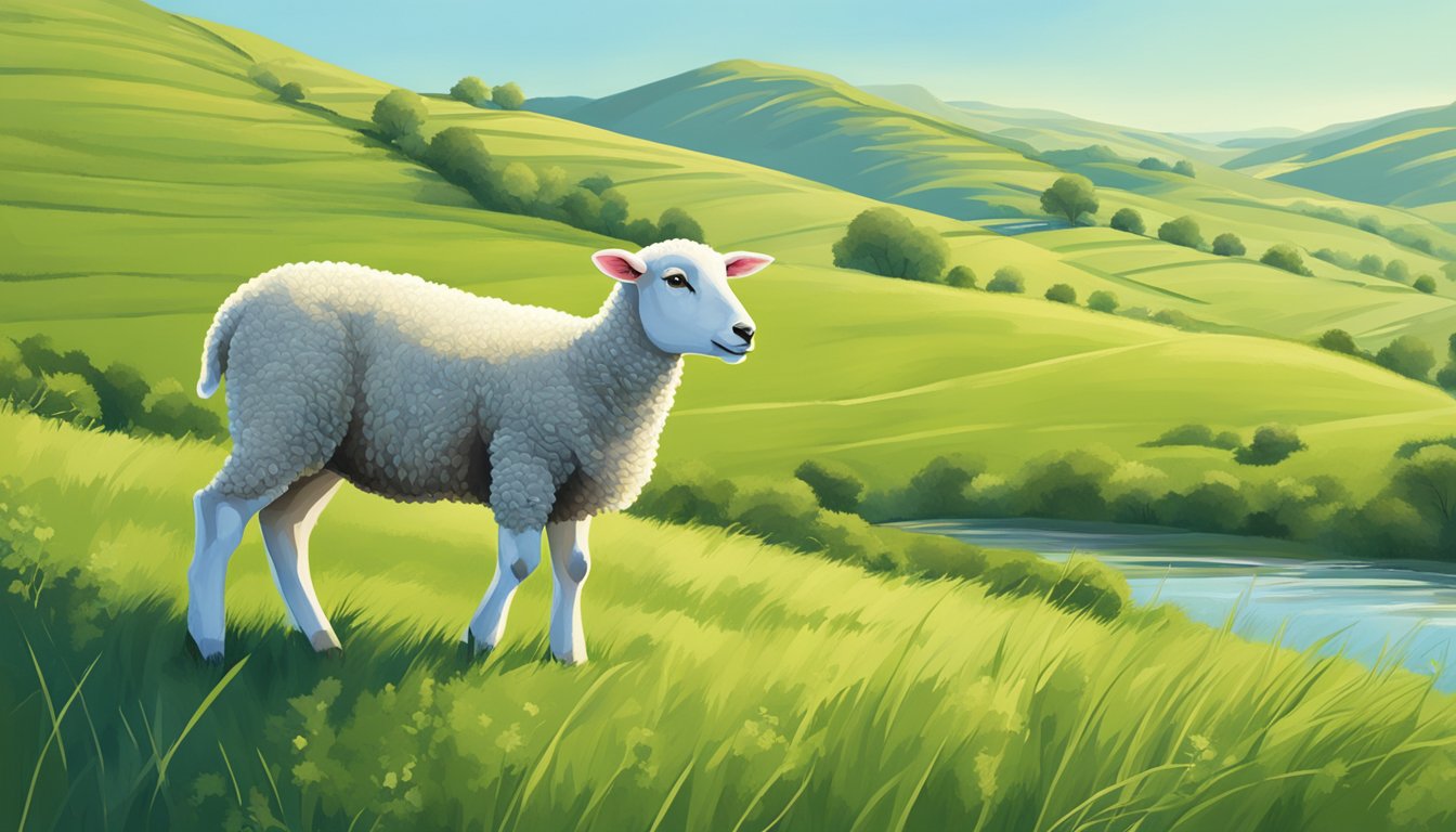 A majestic lamb standing proudly in a lush green pasture, surrounded by rolling hills and a clear blue sky