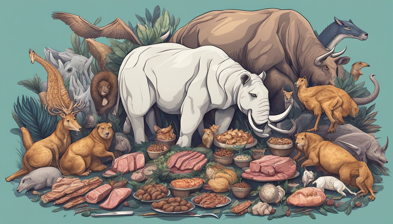 A carnivore animal surrounded by various types of meat, bones, and organs, with a powerful and intimidating stance