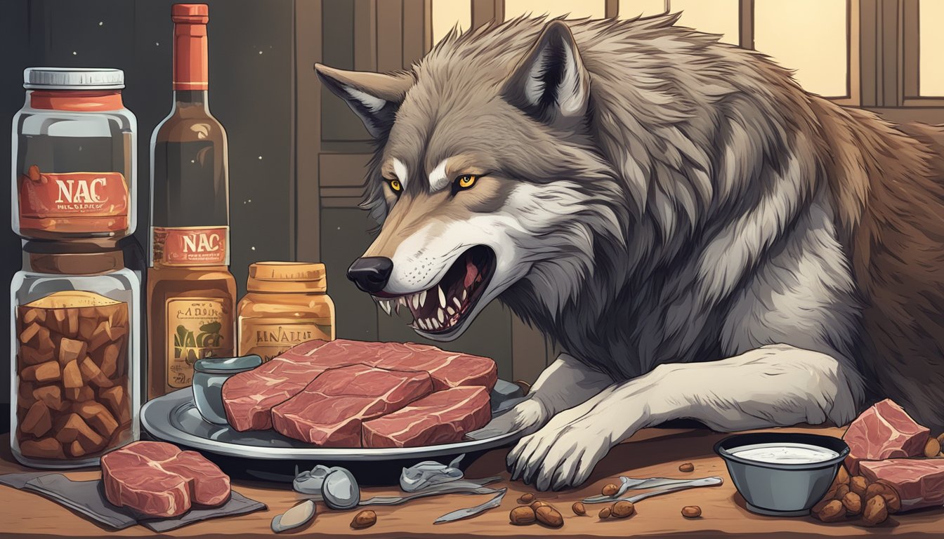 A snarling wolf with bared teeth, surrounded by raw meat and bones, with a bottle of NAC supplement in the background