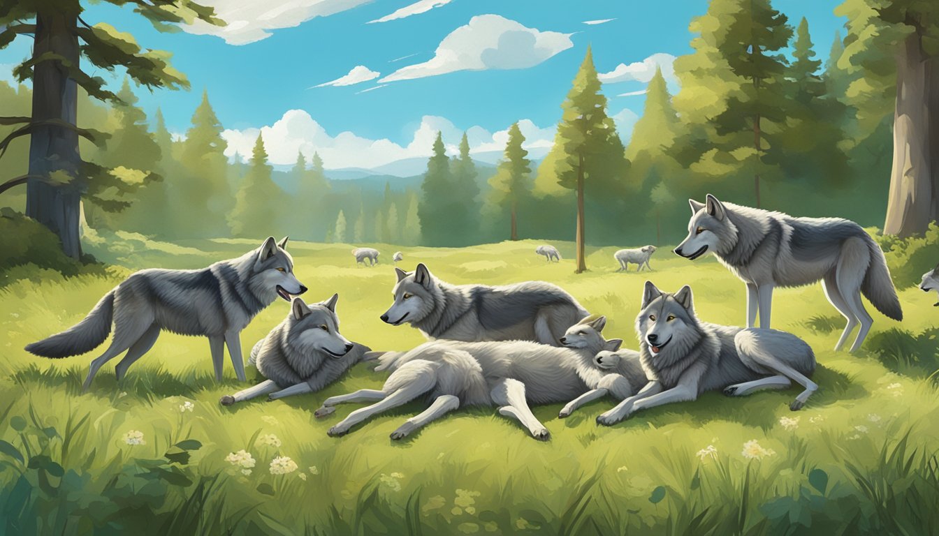 A pack of wolves feasting on a freshly caught lamb in a grassy meadow, surrounded by a lush forest and a clear blue sky above