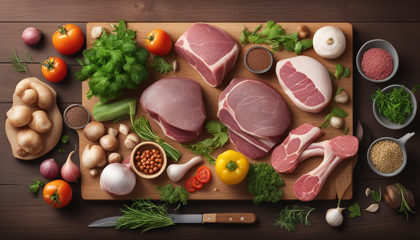 A variety of raw meats, organs, and bone marrow arranged on a wooden cutting board, surrounded by fresh vegetables and herbs