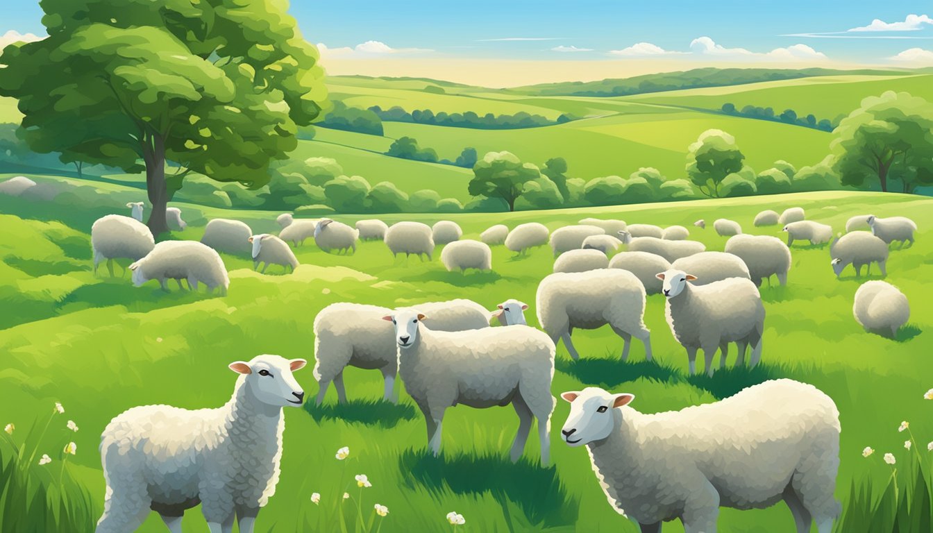 A serene landscape with a flock of grazing lambs surrounded by lush green fields and a clear blue sky