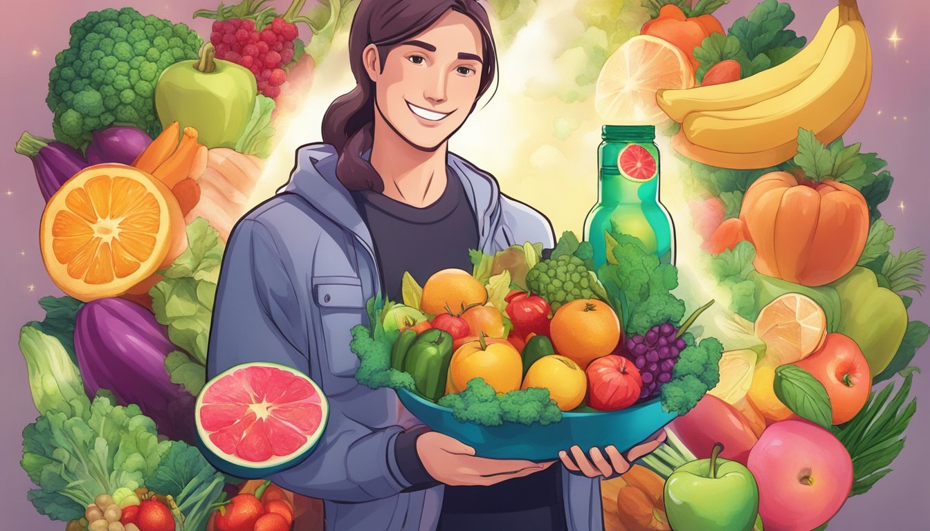 A carnivore diet enthusiast holding a bottle of NAC, surrounded by vibrant fruits and vegetables, with a glowing aura emanating from the bottle