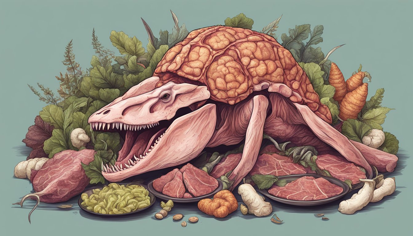 A carnivorous animal consuming raw meat, surrounded by bones and offal