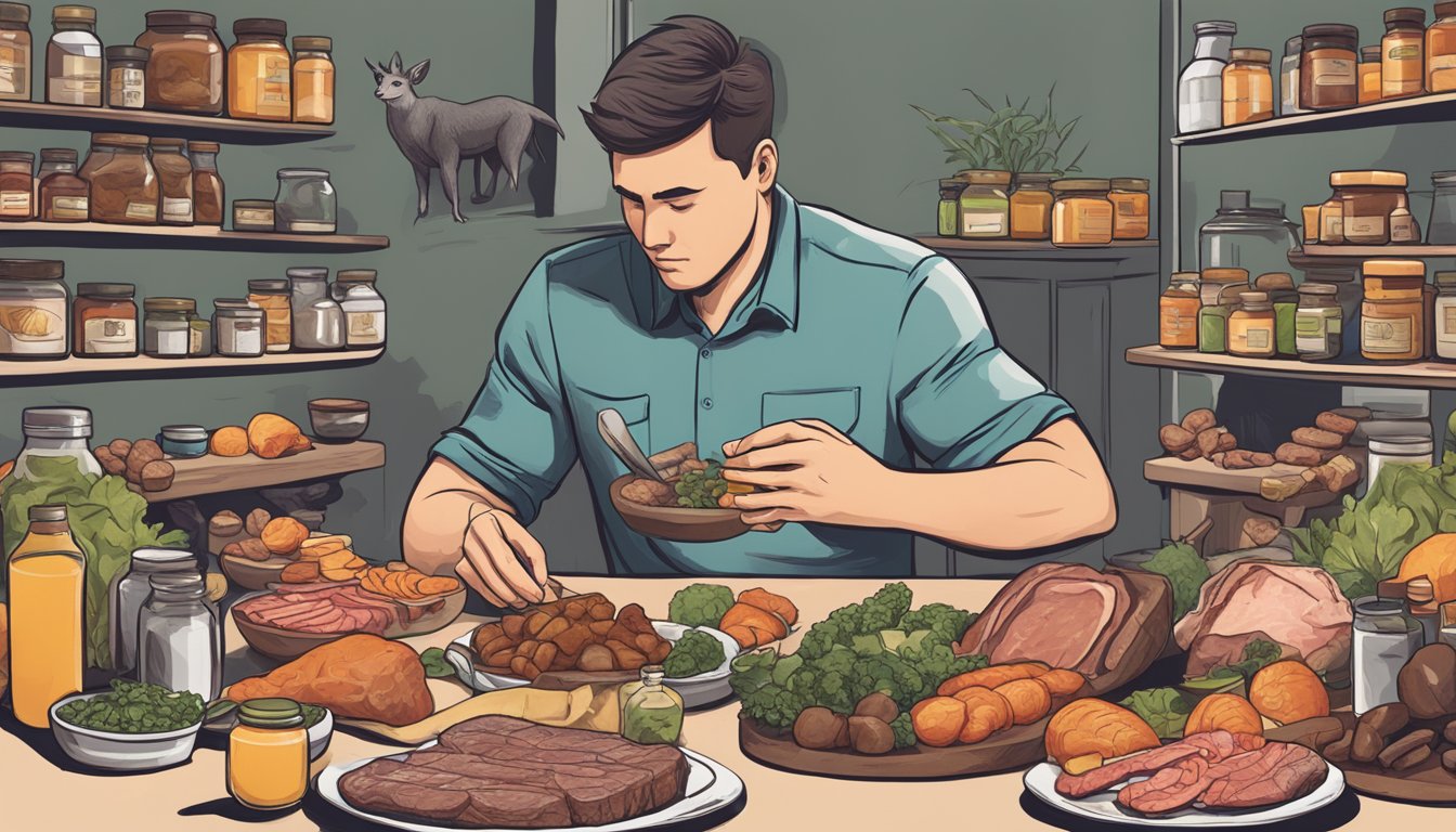 An illustration of a carnivore diet enthusiast examining a bottle of NAC supplements, surrounded by various meats and animal products