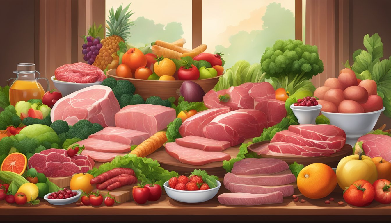 A diverse array of fresh meats, organ meats, and animal products arranged on a table, surrounded by vibrant fruits and vegetables