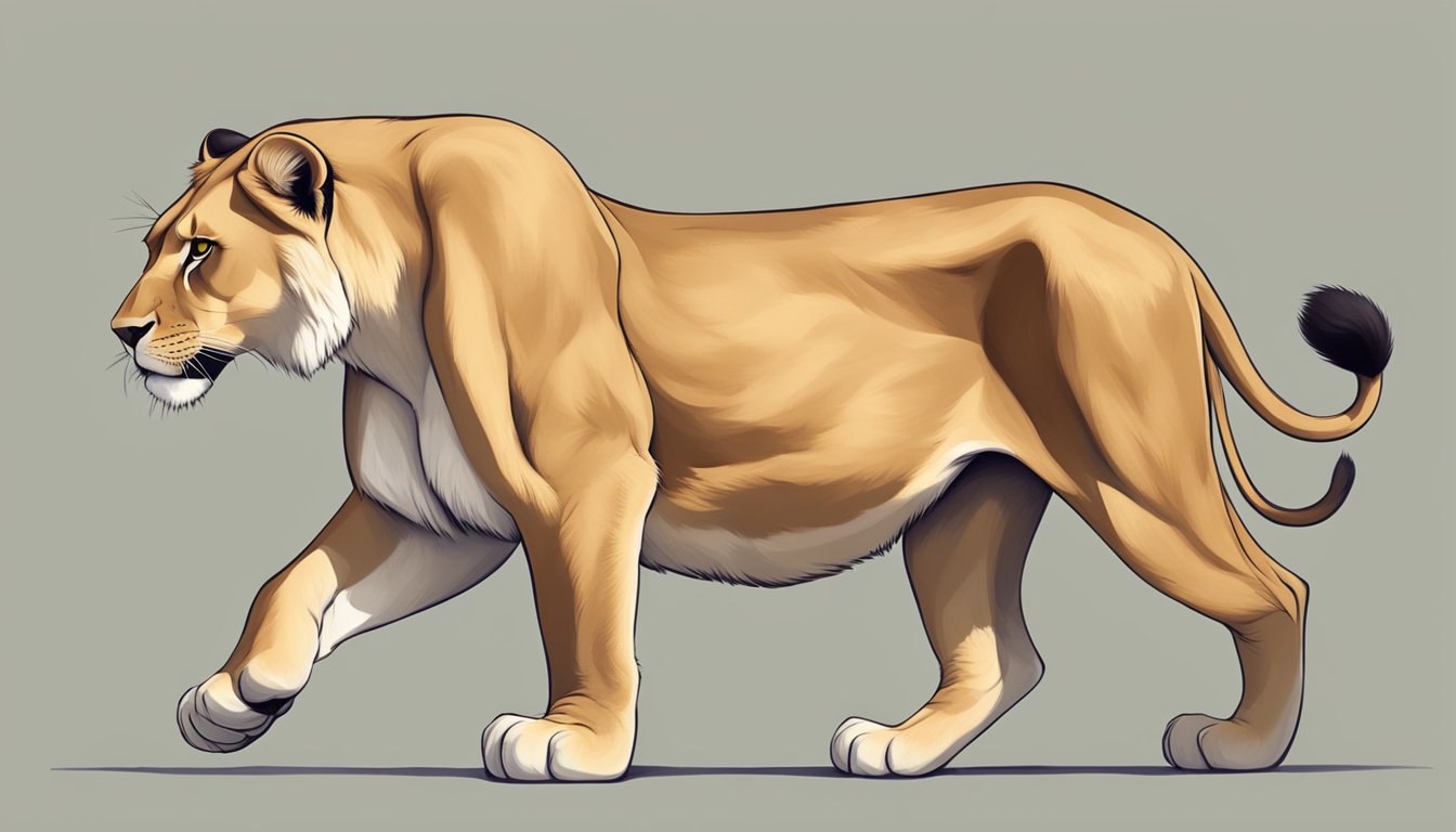 A lioness with dull fur and weak muscles, lacking energy