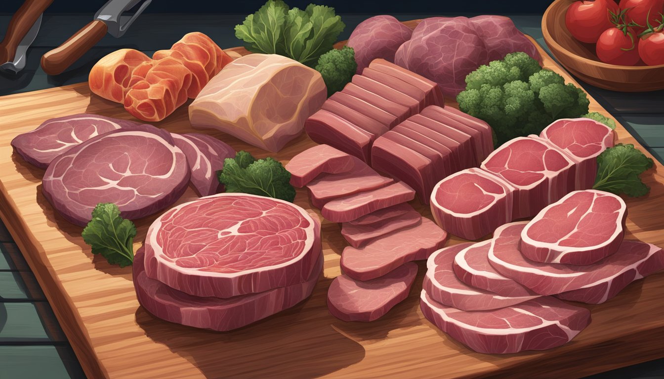 A variety of organ meats arranged on a cutting board, with a focus on their rich colors and textures