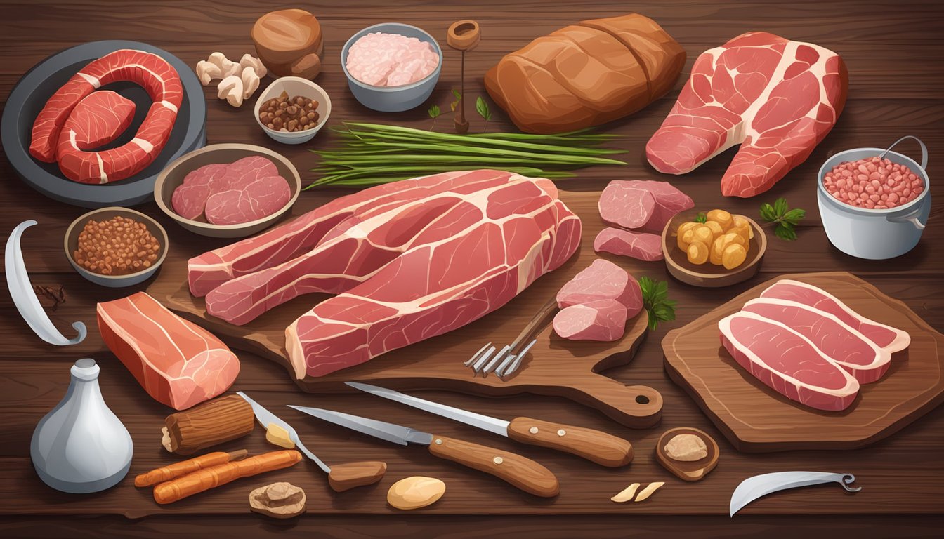 A variety of raw meats and animal products arranged on a wooden table, surrounded by bones and hunting tools