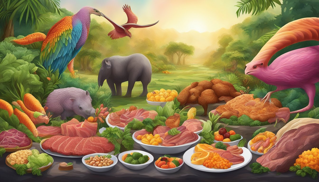 A carnivorous animal eating a variety of vitamin-rich meats and organ meats, with a background of vibrant, healthy flora and fauna