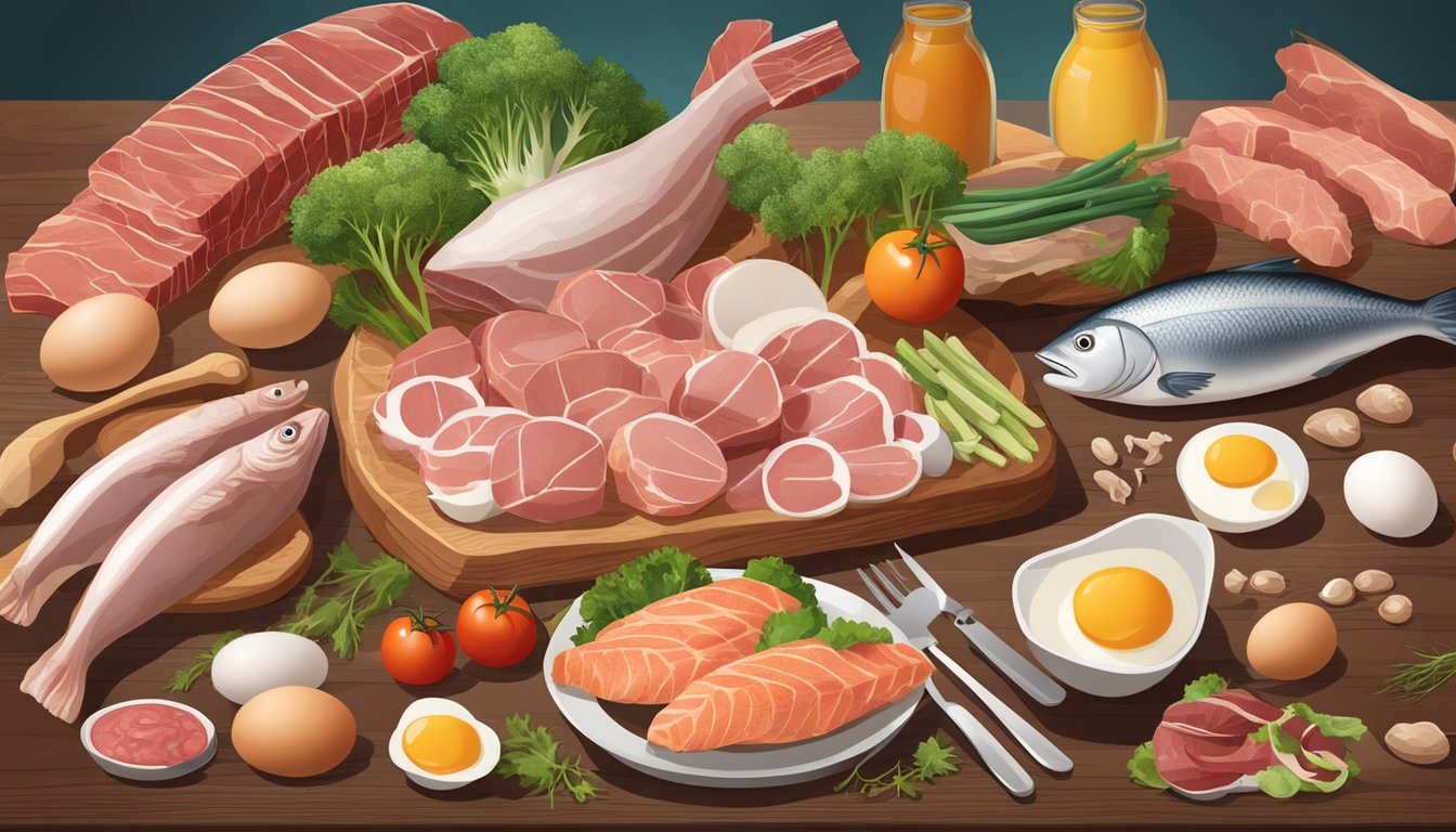 A variety of raw meats, fish, and eggs arranged on a wooden table with scattered bones and a pile of fresh vegetables