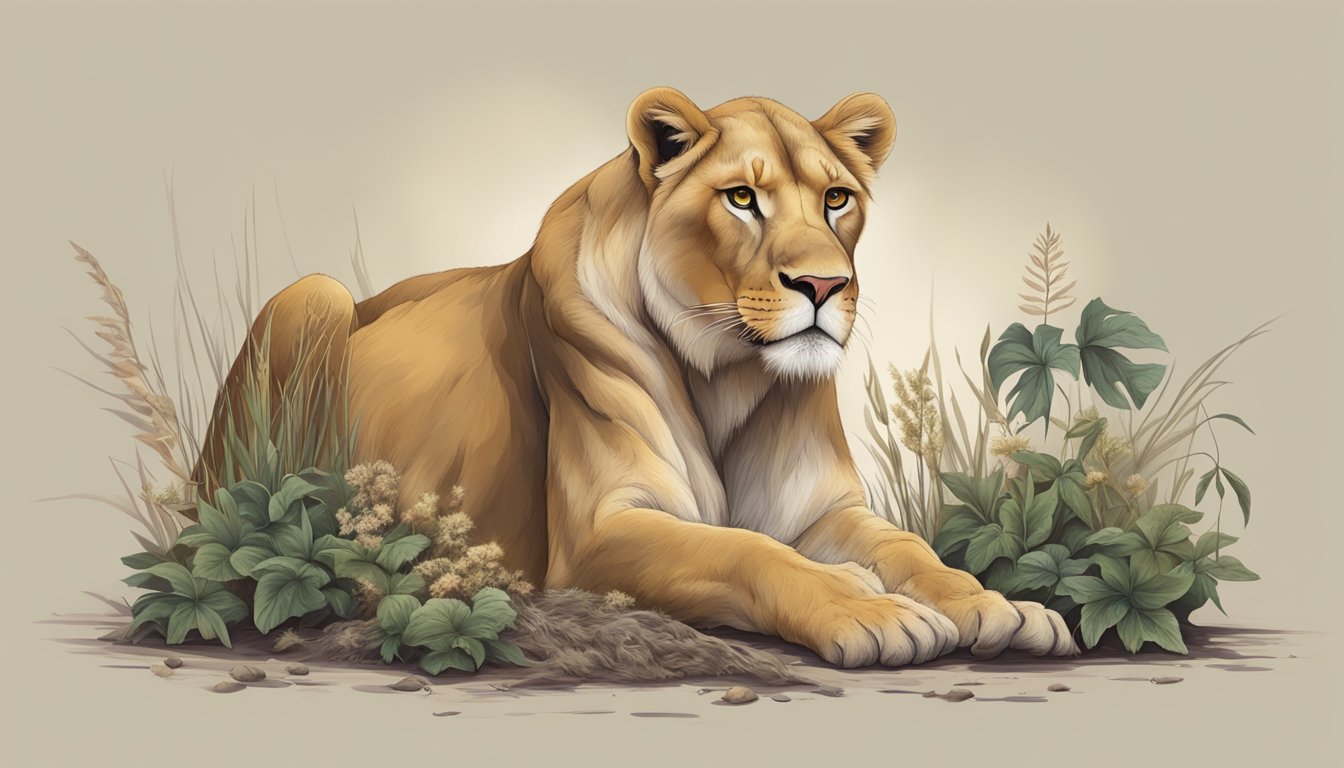 A lioness with dull, dry fur and flaky skin, surrounded by wilting plants and withered prey