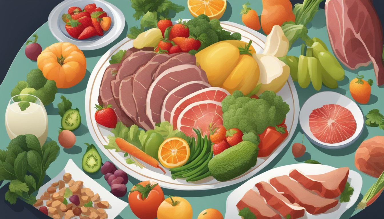 A carnivore surrounded by various fruits and vegetables, with a spotlight on a plate of meat, emphasizing the importance of a balanced diet for immune health