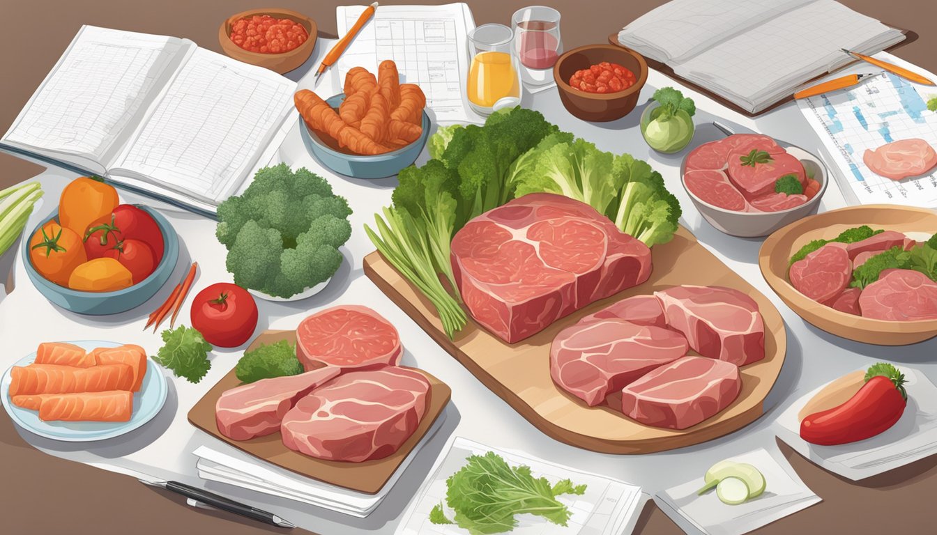 A table with various raw meats and vegetables, surrounded by scientific journals and data charts