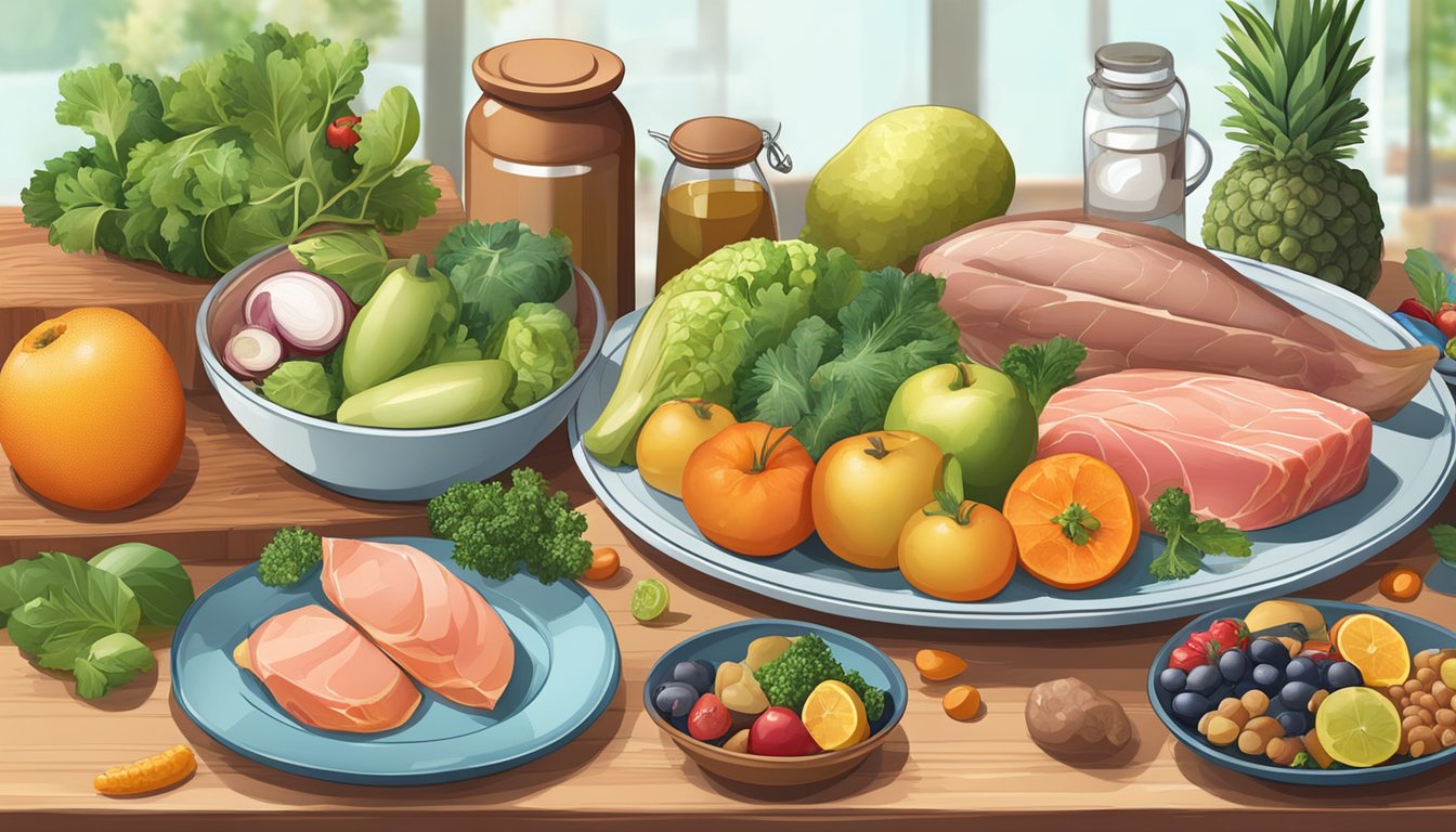 A table with various fruits, vegetables, and supplements next to a plate of meat and fish