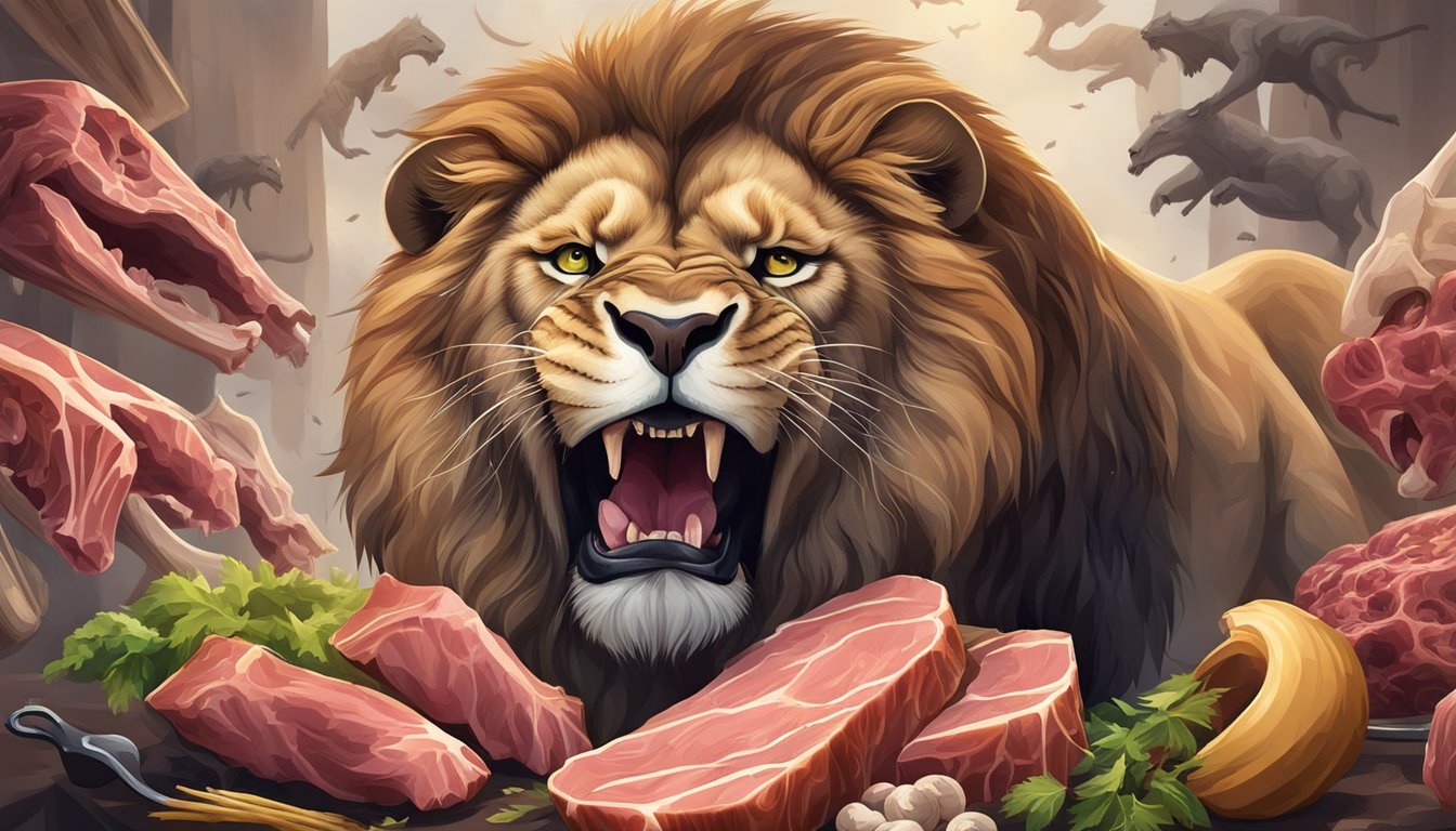 A roaring lion surrounded by fresh meat and bones