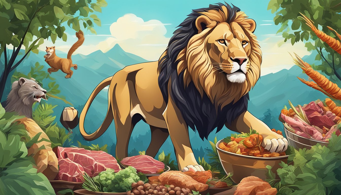 A roaring lion surrounded by a feast of raw meat and bones, with a backdrop of lush greenery and a clear blue sky