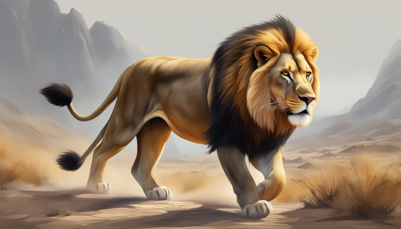 A fierce lion prowls through a barren landscape, its sharp teeth bared as it hunts for prey, symbolizing the risks of a carnivore diet