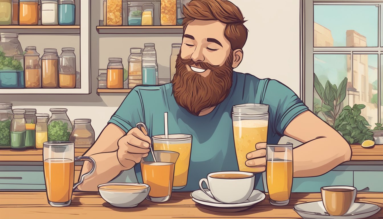 A person enjoying a variety of non-dairy beverages, such as water, bone broth, and herbal teas, while following a carnivore diet