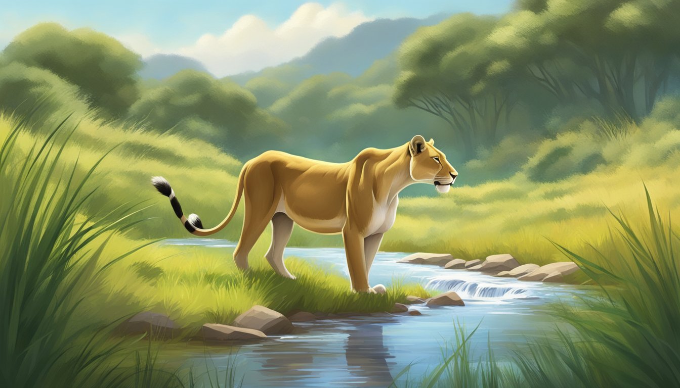 A lioness drinks from a clear stream, surrounded by lush greenery and tall grasses. In the distance, a herd of antelope grazes peacefully