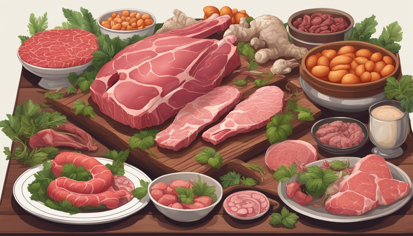 A table set with raw meat, bones, and organs, surrounded by carnivorous animals in a natural setting