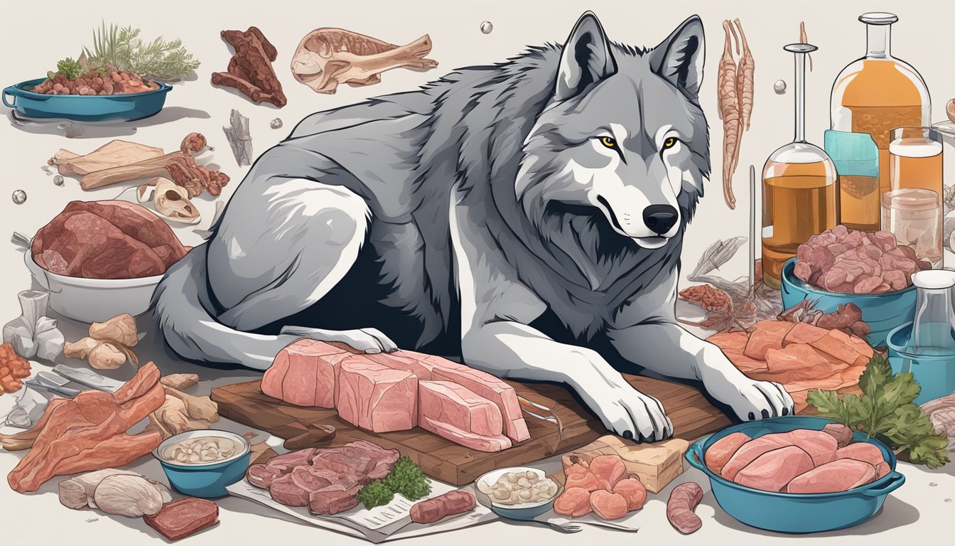 A wolf surrounded by fresh meat, bones, and organs, with scientific research papers scattered around the scene