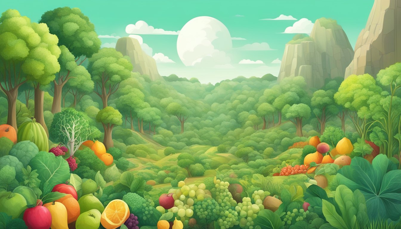 A lush green forest with a variety of fruits, vegetables, and plant-based foods growing abundantly, contrasting with a barren, desolate landscape devoid of life