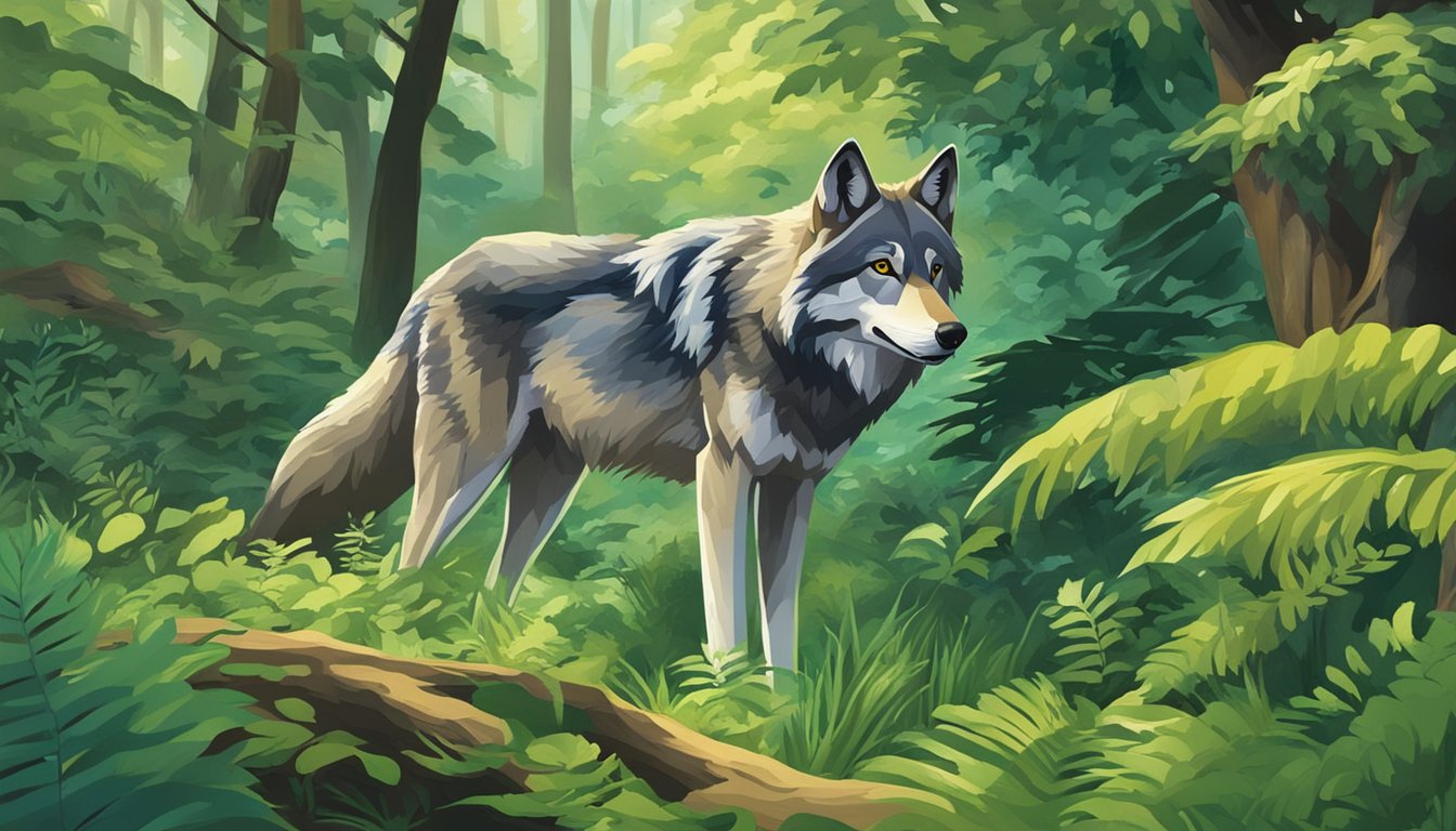 A wolf prowls through a lush forest, surrounded by vibrant greenery and diverse wildlife