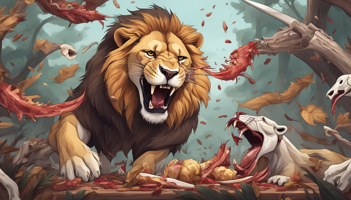 A ferocious lion tearing into a fresh kill, surrounded by bones and blood, symbolizing the primal nature of the carnivore diet