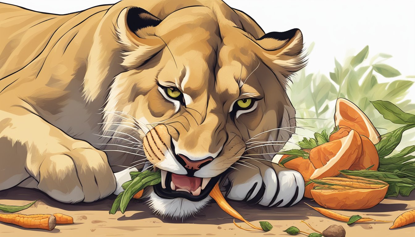 A lioness devouring a fresh kill, her sharp teeth tearing into the flesh, illustrating the importance of vitamin A absorption in the carnivore diet