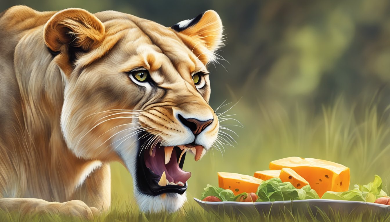 A lioness eagerly devours a fresh kill, her keen eyes reflecting the importance of vitamin A in her carnivore diet