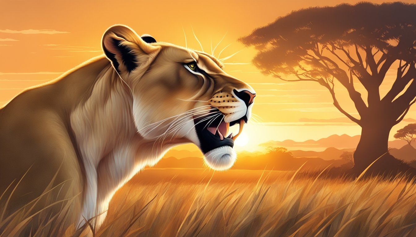 A lioness feasting on a fresh kill, its powerful jaws tearing into the flesh, while the sun sets in the background, casting a warm glow over the savannah