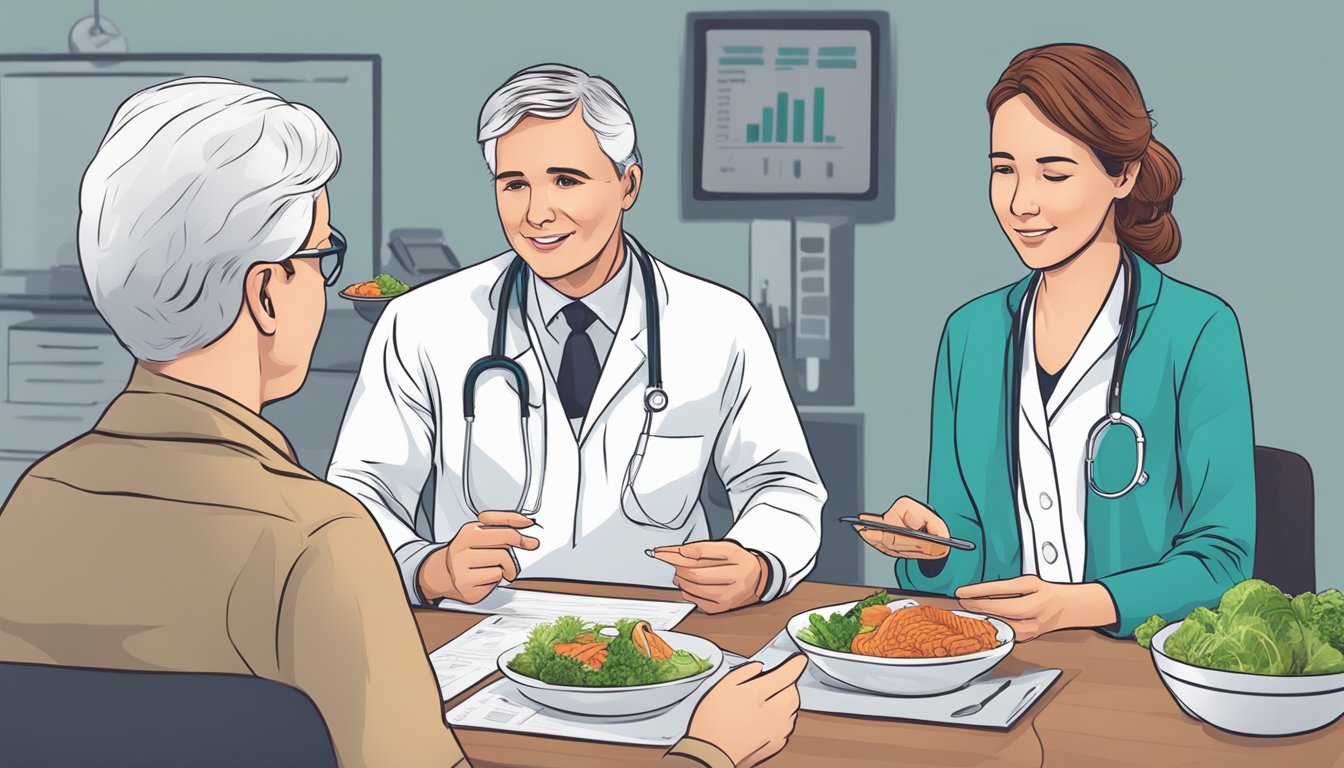 A healthcare professional discussing fiber intake on a carnivore diet with a patient, using visual aids and charts for explanation