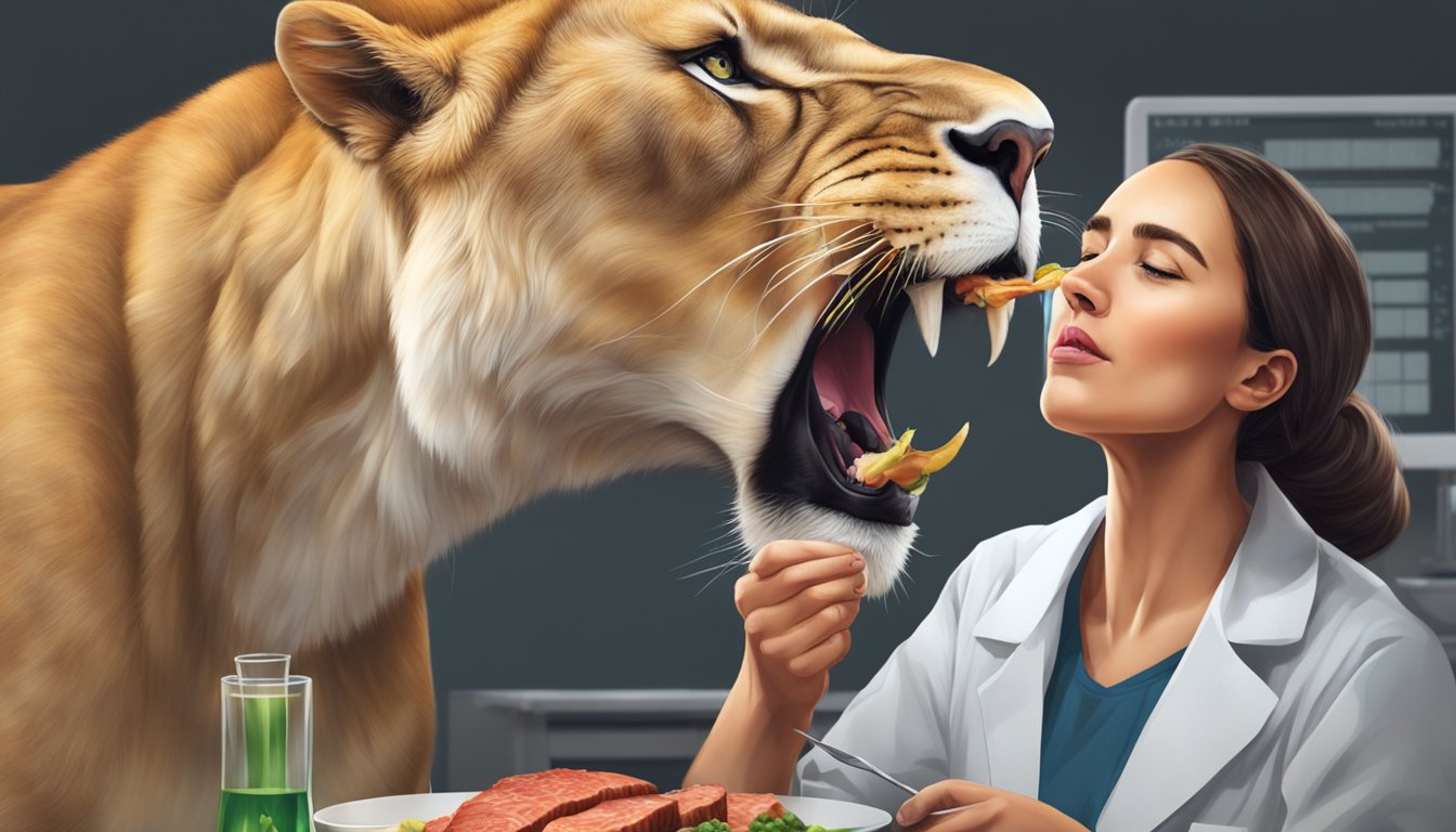 A lioness consuming a fresh kill, her body absorbing vitamin A from the meat, while a scientist monitors her blood levels