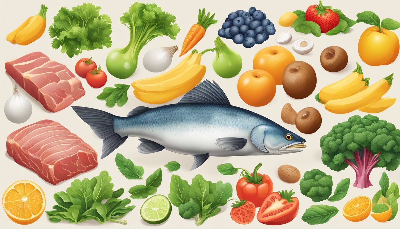 A variety of animal sources, such as meat, fish, and eggs, surrounded by colorful fruits and vegetables, with a focus on liver and leafy greens for vitamin A absorption