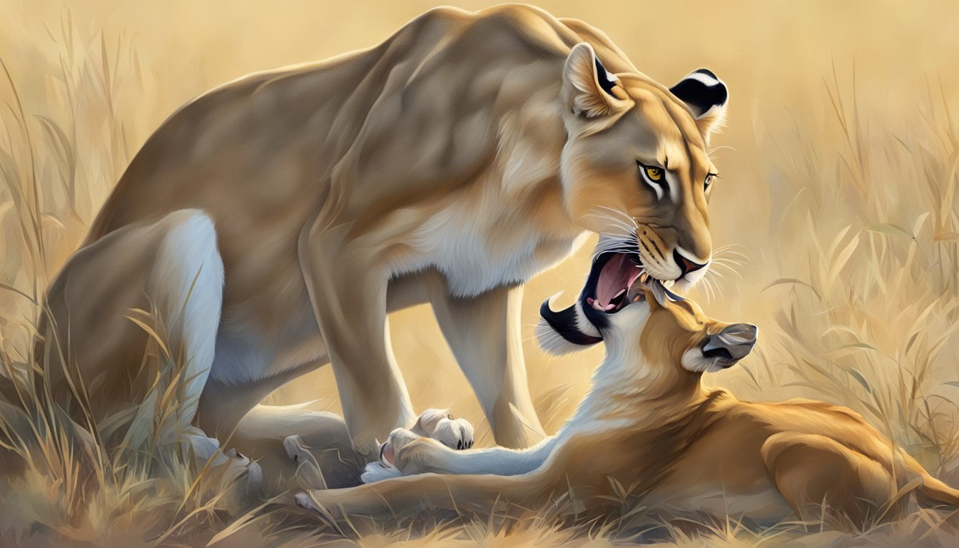 A lioness consuming liver from a freshly hunted antelope