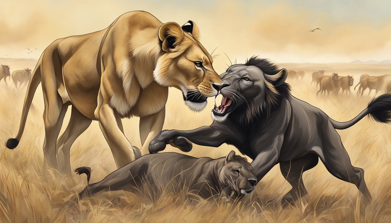 A lioness hunting and consuming a wildebeest, with a focus on the ingestion and digestion of the animal's liver