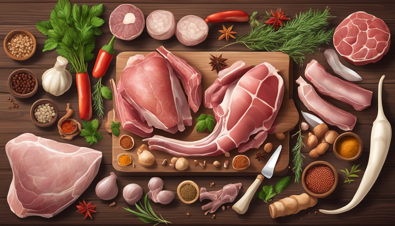 A variety of raw meats, bones, and organs displayed on a wooden table with scattered herbs and spices