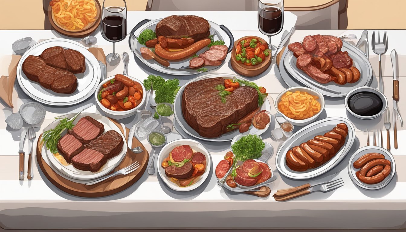 A table set with a variety of meat dishes, including steaks, ribs, and sausages, surrounded by empty plates and utensils