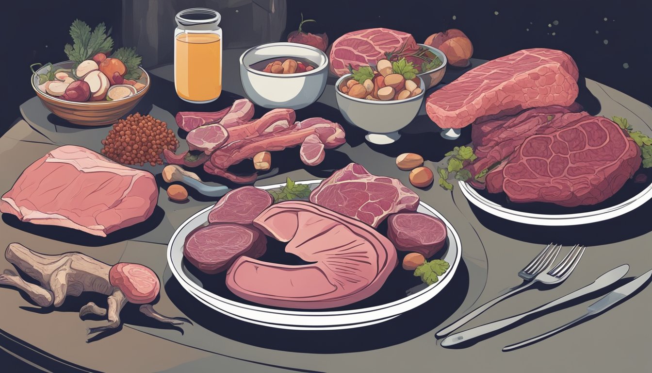 A collection of various raw meats, bones, and organs arranged on a plate, with a shadowy figure in the background representing the potential for disordered eating habits