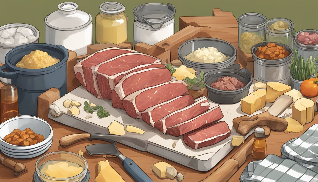 A butcher slicing beef fat into chunks for rendering tallow, surrounded by various cooking utensils and containers