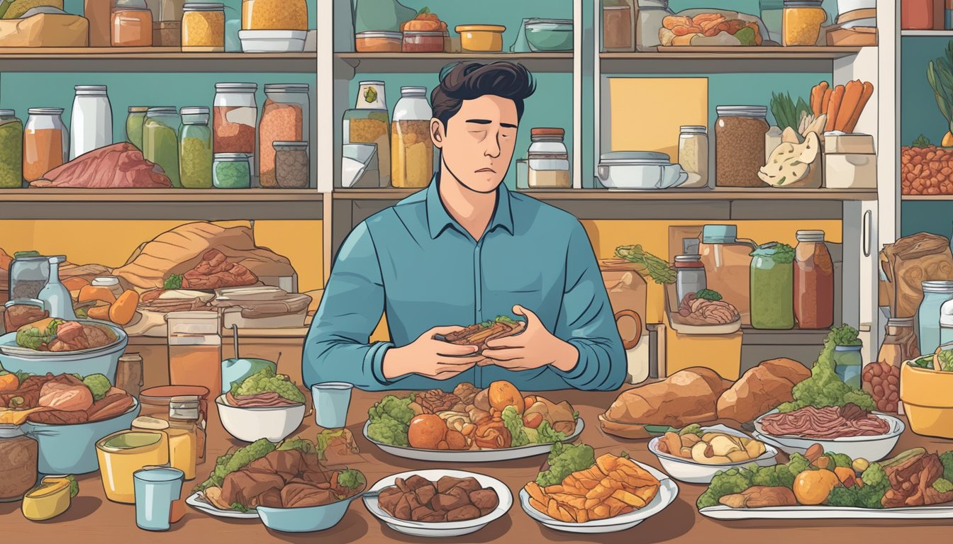 A person surrounded by a variety of food items, but only consuming meat while appearing anxious and distressed