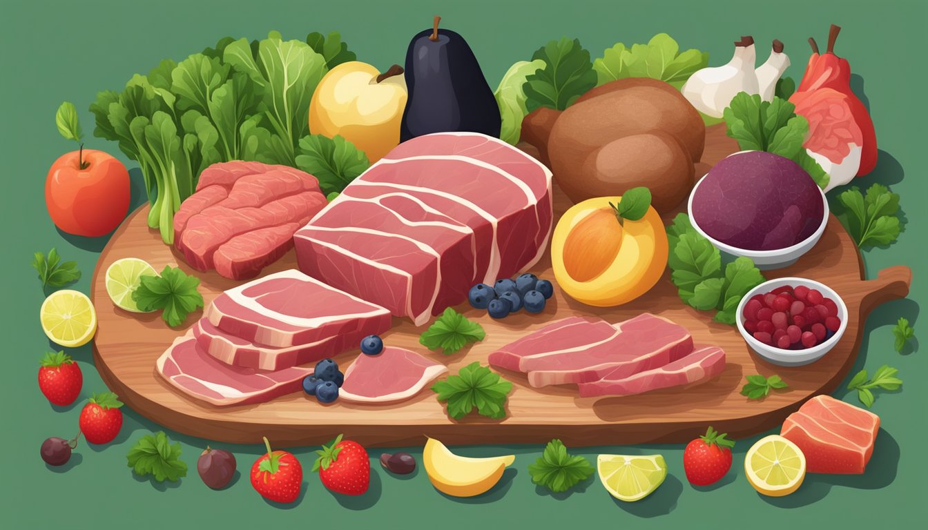 A variety of fresh, raw meats and organs are displayed on a wooden cutting board, surrounded by vibrant green leafy vegetables and colorful fruits