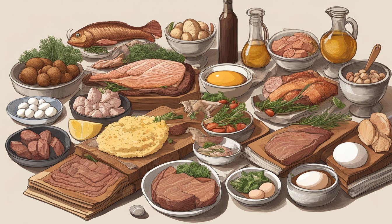 A table with various meats, fish, and eggs surrounded by books and articles on the carnivore diet