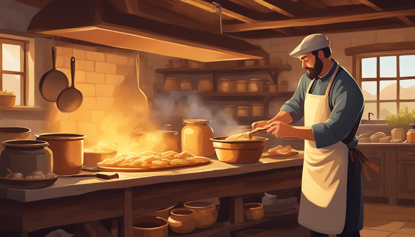 A butcher rendering beef fat into tallow using traditional methods in a rustic kitchen, surrounded by pots, utensils, and a warm, golden glow