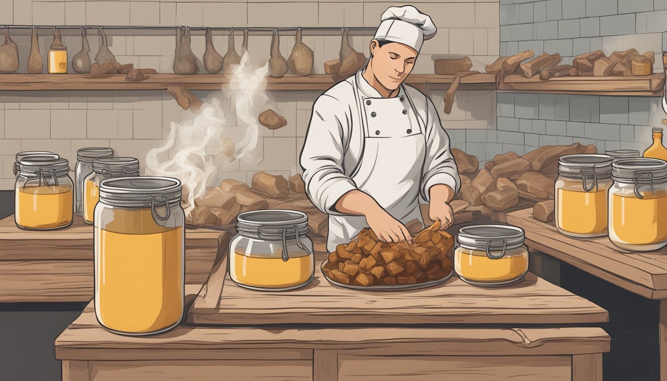 A butcher rendering beef fat into tallow over an open flame, surrounded by jars of rendered tallow and beef bones for nutrient-rich broth